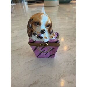 Hand Painted Limoges France Peint Main Beagle Dog in Purse Trinket Box 4/750